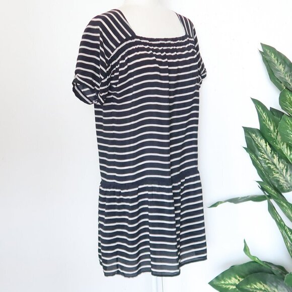 J. Crew Navy Striped 100% Silk Nautical Drop Waist Short Sleeve Mini Dress Small - Picture 5 of 11
